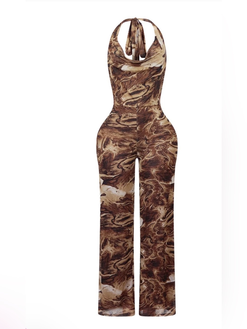 Marbled Brown Halter Wide-Leg Jumpsuit